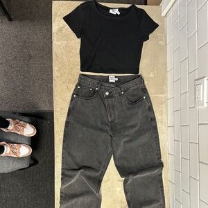 Princess Polly Assymetric Straight Jean and Black Ribbed Tee